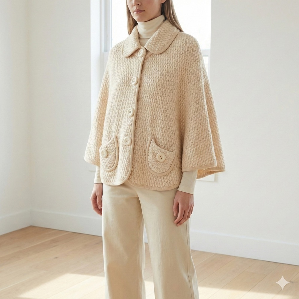 Luisa Spagnoli cream wool knit cape sweater jacket - One size